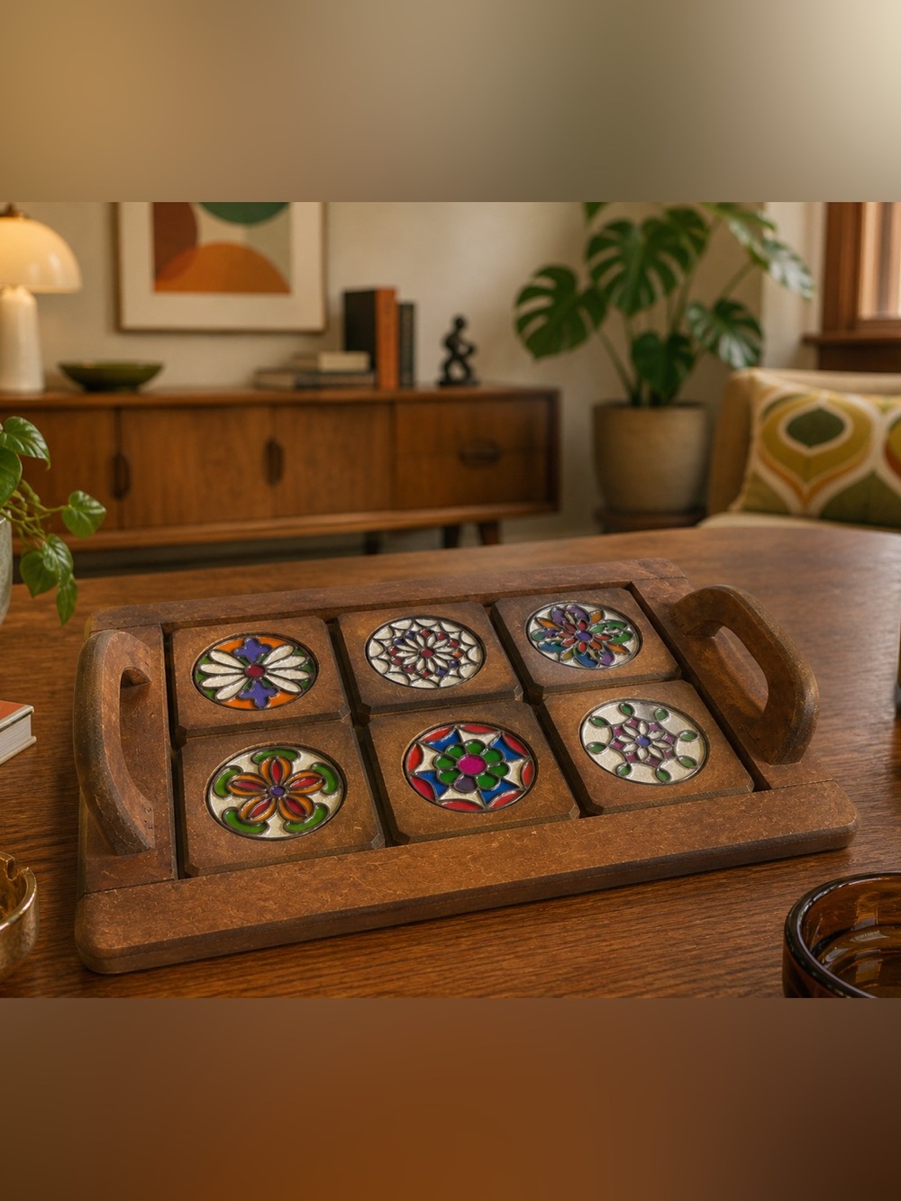 Historical wooden tray with stained glass cup holders that lay out !!!!